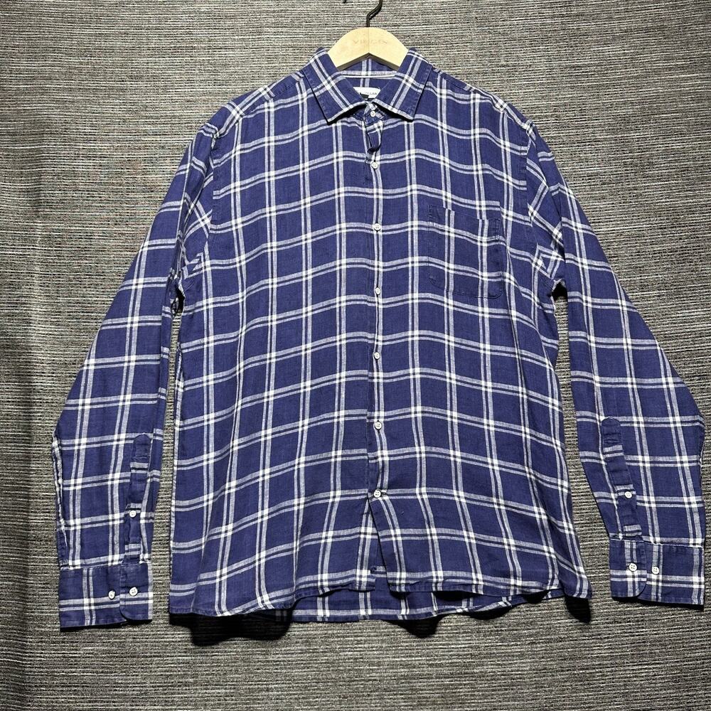 Peter Millar Shirt Men's L Blue Window Plaid Long Sleeve Button Up Linen